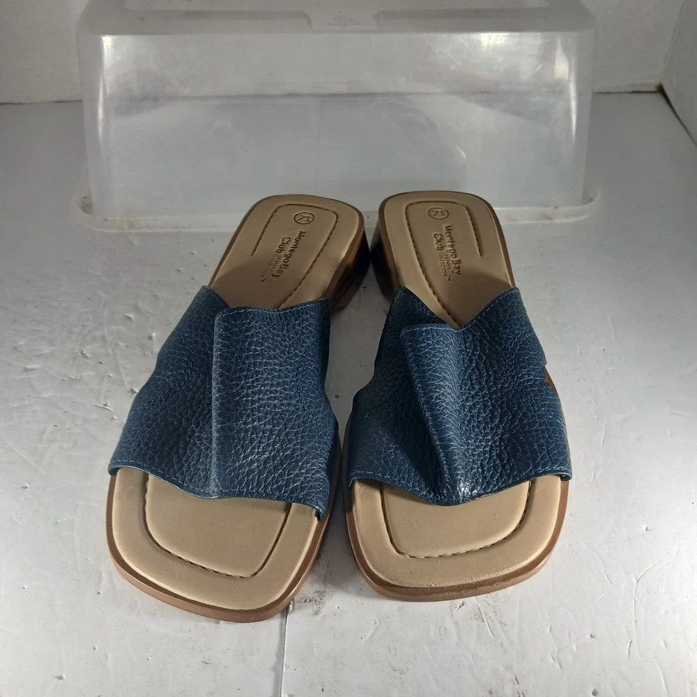 Montego Bay Club Leather Slide Sandals 7.5 Navy Blue Wedge Coastal Summer